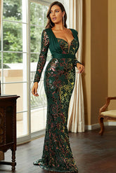 Dunkelgrünes Abendkleid im Meerjungfrauen-Stil mit langen Ärmeln